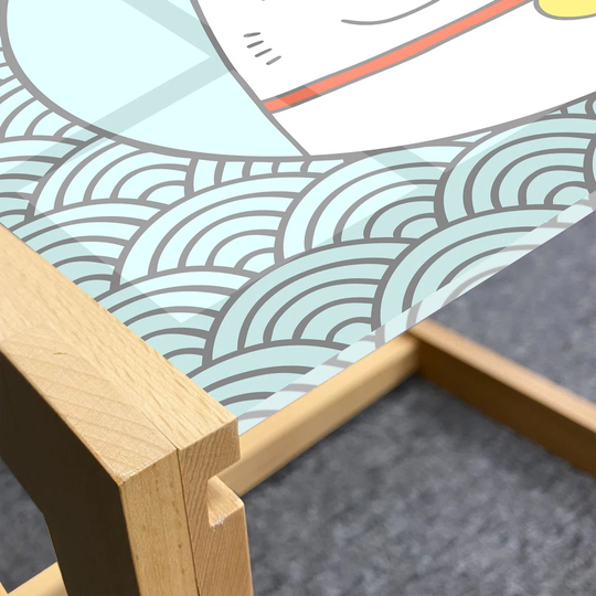 Japanese Cat Coffee Table, Lucky Animal Maneki Neko Illustrated Drawing Graphical Style, Acrylic Glass Center Table With Wooden Frame For Offices Dorm
