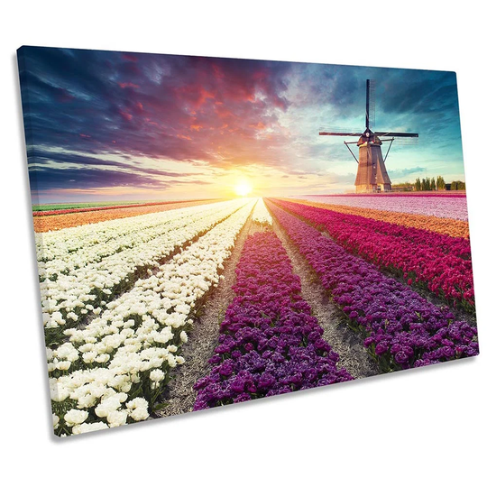 Windmill Sunset Floral Field Framed CANVAS PRINT Wall Art