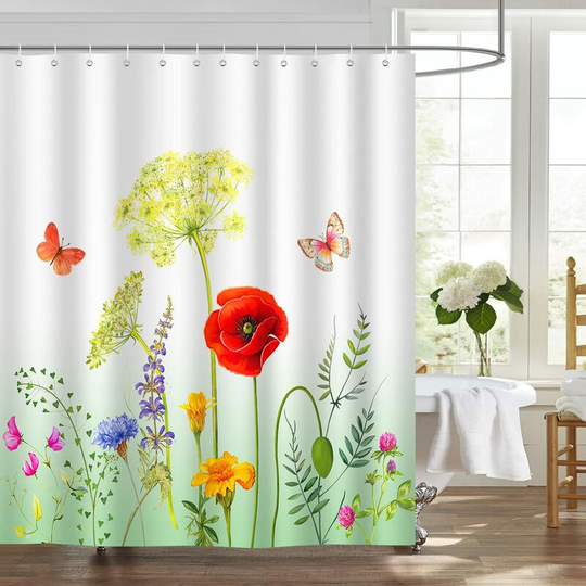 1 Piece Shower Curtain Garden Flower Spring Butterfly 180 x 180 cm Shower Curtain Polyester Fabric Mildew Proof Waterproof Bathroom Curtain for