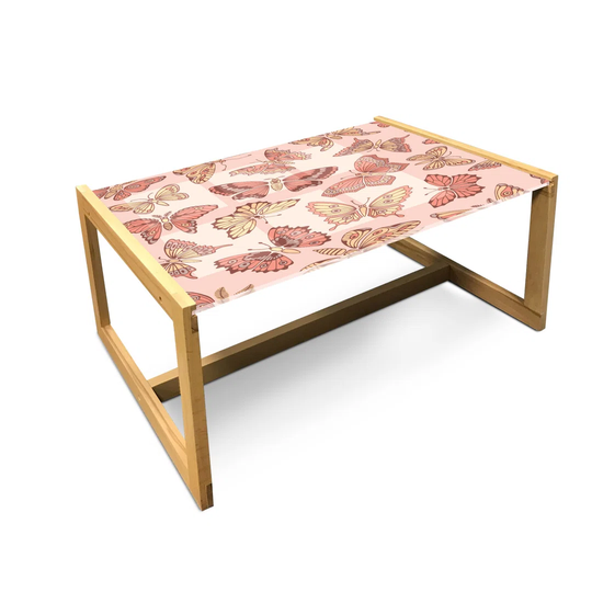 Butterfly Coffee Table, Summer Time Ornamental Flying Creatures In Rose Tones, Acrylic Glass Center Table With Wooden Frame For Offices Dorms Blush Co