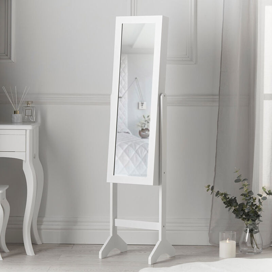 Caitlyn - White Standing Full Length Jewellery Mirror Cabinet with Shelves Bedroom Storage Organiser Makeup Cosmetics Bedroom Furniture - White