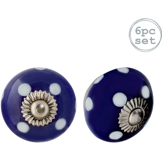Round Ceramic Cabinet Knobs - Navy & Blue Spot - Pack of 6 - Nicola Spring