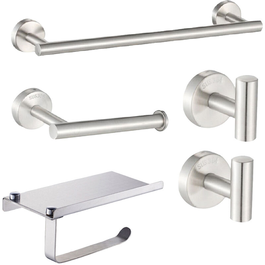 Bathroom Hardware Set Towel Bar Toilet Paper Holder 4 Hooks Stainless Steel Wall Mounted Drilling Towel Holder, Silver&Type 1 - Silver&Type 1