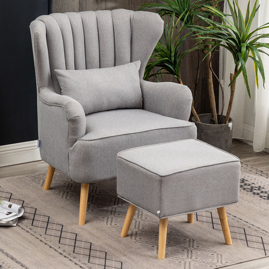 Grey Linen Armchair with Footstool and Pillow - Livingandhome