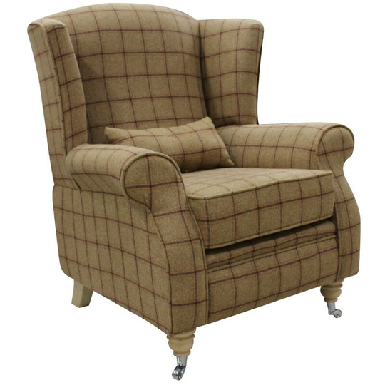 Arnold Wool Tweed Wing Chair Fireside High Back Armchair Althrop Mandarin Check Fabric