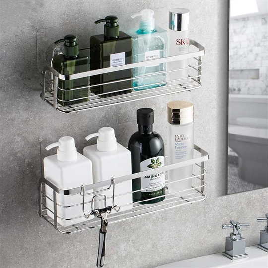 Shower Shelf Adhesive With Hook Rustproof Shower Caddy Bathroom Shower Organiser Storage Basket Wall Mounted Stainless Steel SUS304 Shower Storage No