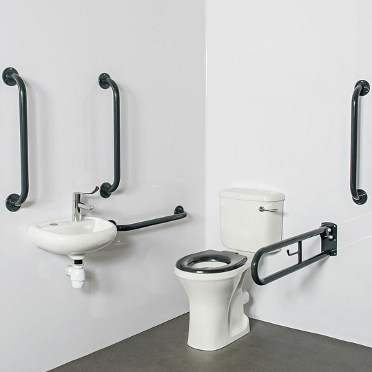 NymaPRO Close Coupled Doc m Toilet Pack with Exposed Fixings and TMV3 Valve - Dark Grey Grab Rails - Nymas