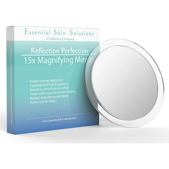 15X Magnifying Mirror - Use for makeup application - Hair removal - and blackhead / blemish removal - Round mirror with three suction cups