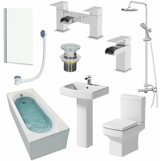 Complete Bathroom Suite 1700mm Shower Bath Toilet Basin Pedestal Taps Screen - White