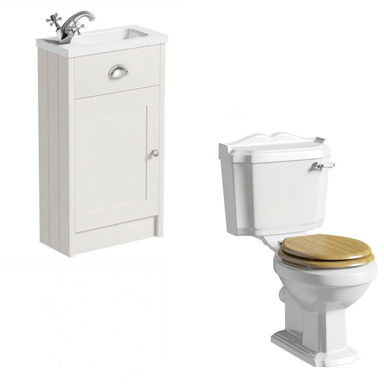 Dulwich stone ivory cloakroom unit with traditional close coupled toilet and mdf seat - Ivory/Oak - Orchard