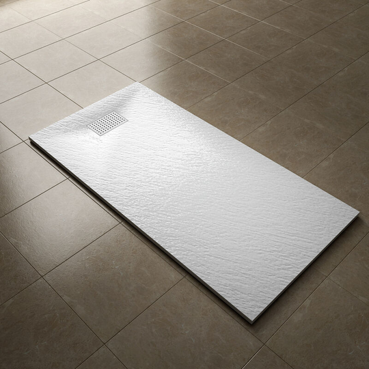 1600x800mm Slip-Resistance Shower Tray White Slate Effect Square Shower Enclosure Base with Waste Trap and Stainless Steel Drain Cover a - Elegant