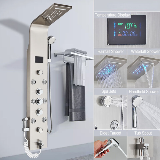 Shower Panel for Bathroom Hydromassages 6 Jets Shower System Multifunctional Shower Panel 6 Large Massaging Nozzles Shower Column,gebürstet