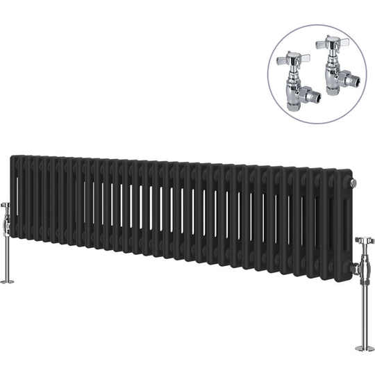 Black Traditional Cast Iron Style Radiator with Chrome Angled Cross Head Manual Valves Horizontal 2 Column 300x1460mm