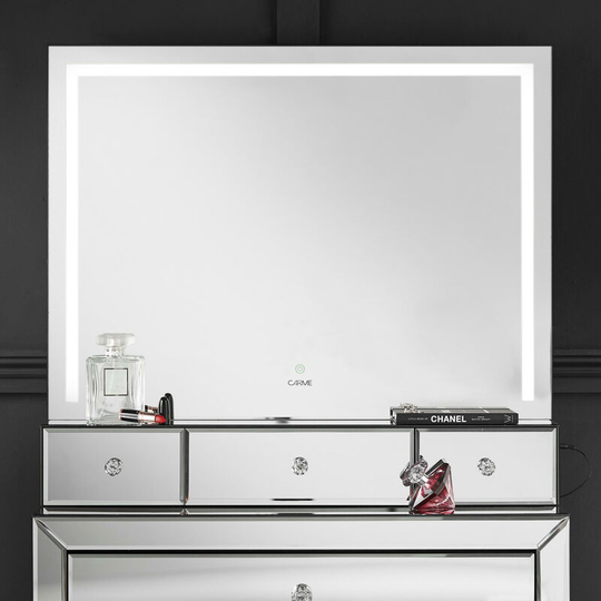 Callie Desktop Mirror with led Strip Touch Sensor 3 Colour Light 3 Drawers Storage Organiser Compartment Frameless Silver Bedroom Furniture - Silver