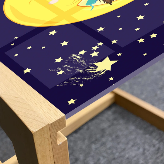 Saying Coffee Table, Themed Cartoon Of Owl And Moon With Hats On Starry Night, Acrylic Glass Center Table With Wooden Frame For Offices Dorms Multicol