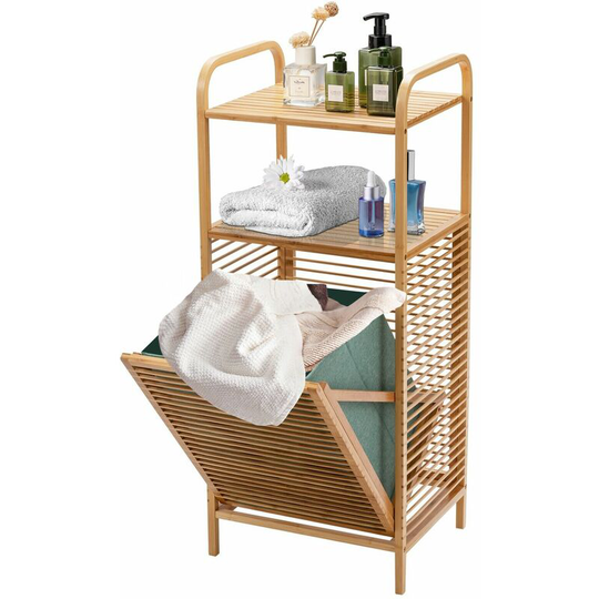 Bamboo Bathroom Shelf Tilt-out Laundry Hamper Storage Organiser w/Laundry Basket