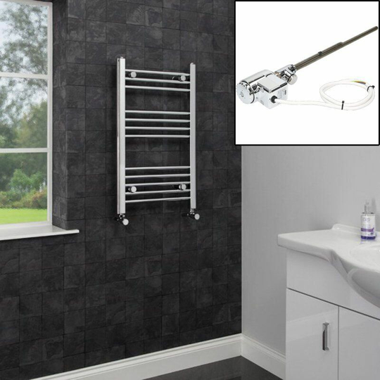 Duratherm - Dual Fuel Heated Towel Rail Chrome Designer Flat Thermostatic Electric 750x600mm - Silver