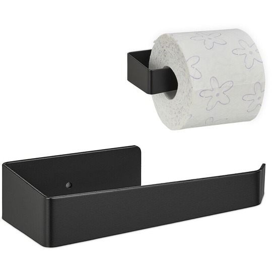 Toilet Paper Holder without Drilling, Stainless Steel, Matt, Self-Adhesive, HxWxD: 4 x 15.5 x 7.5 cm, Black - Relaxdays