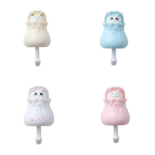 4-piece coat hook cute cat shaped non perforated adhesive hook, plastic creative household storage practical wall decoration hanger
