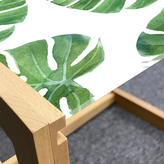 Jungle Leaves Coffee Table, Silhouettes Of Wide Monstera Fronds With Holes And Strokes, Acrylic Glass Center Table With Wooden Frame For Offices Dorms