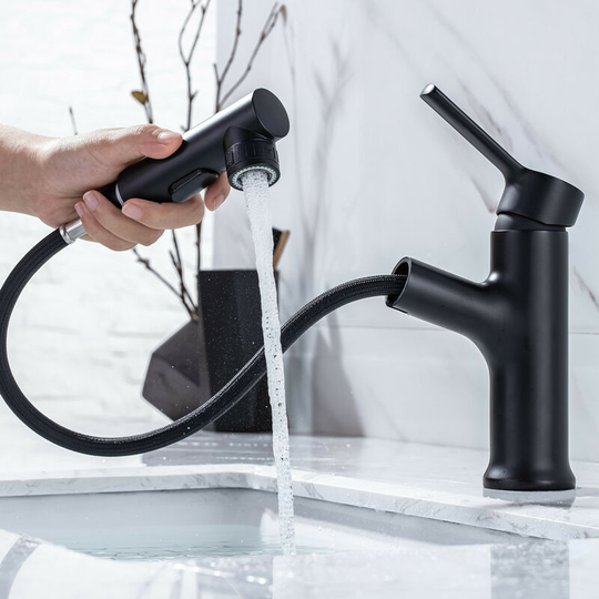 Modern Bathroom Faucet, Brass Bathroom Mixer Tap with Pull-out Spray, Freestanding Basin Faucet, Hot and Cold Water Hand Wash Available, Black