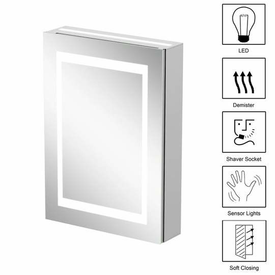 Artis - Bathroom led Mirror Cabinet Illuminated Demister Pad Shaver Socket 500 x 700mm - Silver