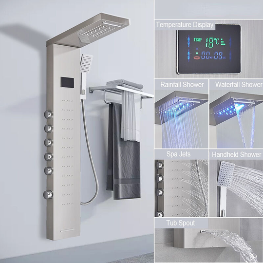 Led Light Shower Faucet Bathroom spa Massage Jet Shower Column System Waterfall Rain Shower Panel Bidet Sprayer Tap,Brushed