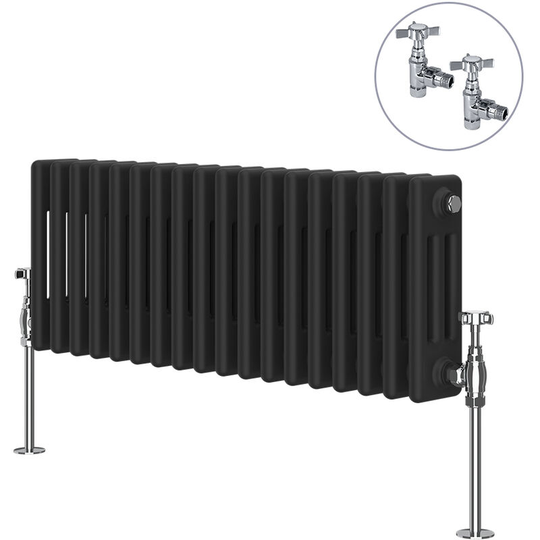 Traditional Rad Cast Iron Style Radiator Black + Chrome Angled Traditional Radiator Manual Valves 300x830mm Horizontal Triple Column