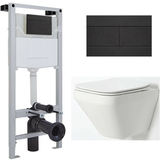 Milano - Farington - White Ceramic Modern Bathroom Wall Hung Rimless Toilet with Tall Wall Frame, Cistern and Black Square Flush Plate