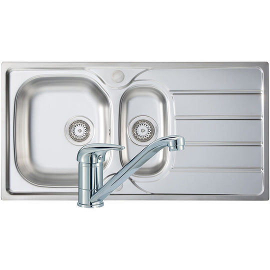 Prima 1.5 Bowl Kitchen Sink with Sink Tap and Waste Kit 965mm l x 500mm w - Stainless Steel - Signature