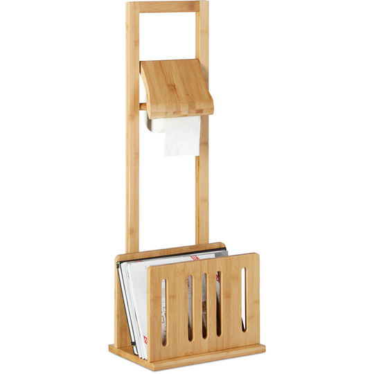 Toilet Paper Holder with Magazine Rack, Bamboo, Toilet Roll Stand, Newspaper Storage, HxWxD: 81.5 x 30.5 x 21 cm, Natural Brown - Relaxdays