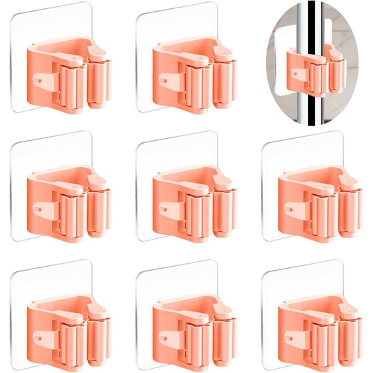 Wall Mounted Broom Holder Self Adhesive Mop Holder Wall Mounted 8 Pieces No Drilling Broom Clip Holders for Kitchen Bathroom Garden(Pink)