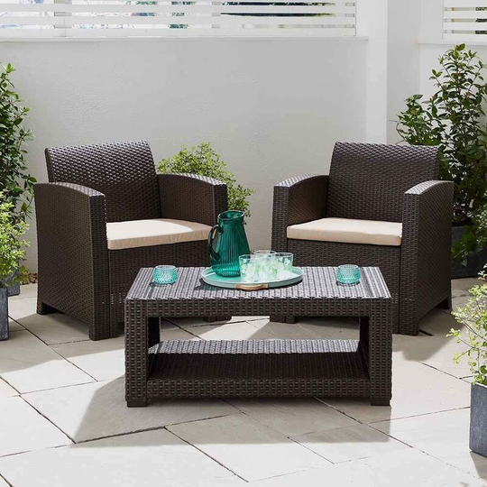 Marbella 2 Seat Rattan Armchair Outdoor Garden Set Coffee Table Brown Cream - Brown
