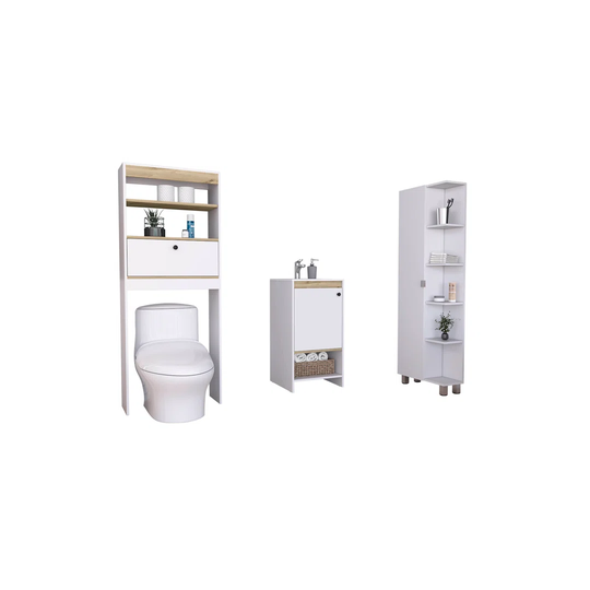 Set Malaga, Floor Standing Bathroom Cabinet With Sink + Bathroom Shelf Over Toilet + Corner Bath Column