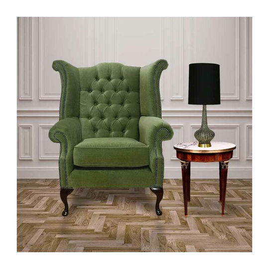 Chesterfield Fabric Queen Anne High Back Wing Chair Pimlico Sage Green