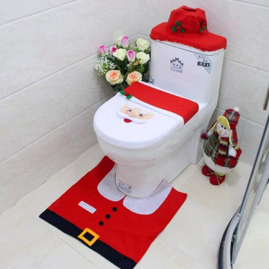 3pcs Christmas Party Toilet Seat Cover Floor Mat Tank Tissue Box Cover Set For Xmas Bathroom Decoration b