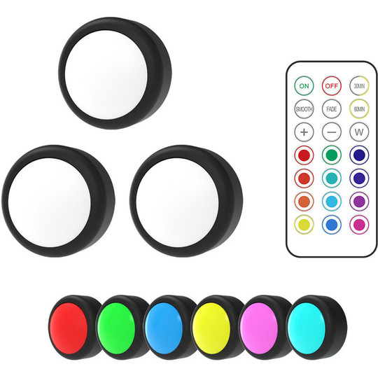 3PCS Puck Lights with Remote Control Under Cabinet Lights LED Color Changing Closet Light Battery Operated Under Counter Lights Stick-On