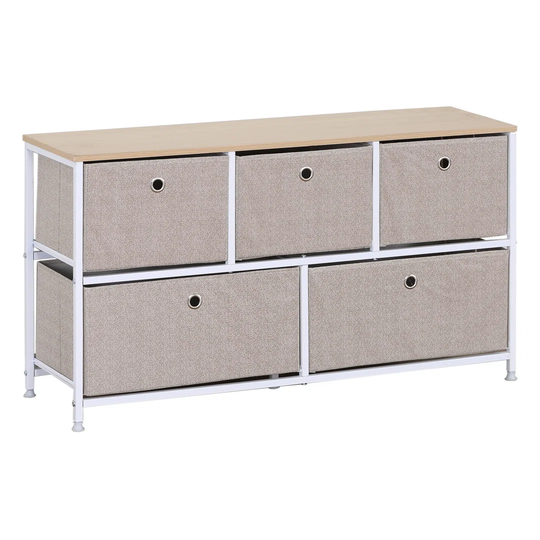 Snipes Low Chest Of Drawer Cabinet With 5 Drawers In Metal And White Beige Fabric