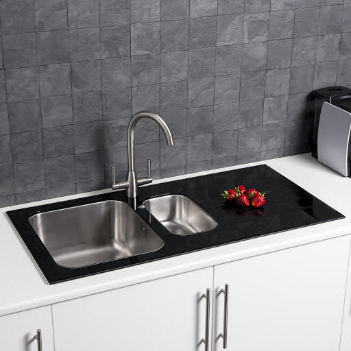 Sauber Stainless Steel Inset 1.5 Kitchen Sink & Black Glass Drainer RH
