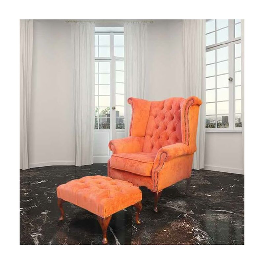 Chesterfield Fabric Queen Anne High Back Wing Chair + Matching Footstool Tangerine Orange