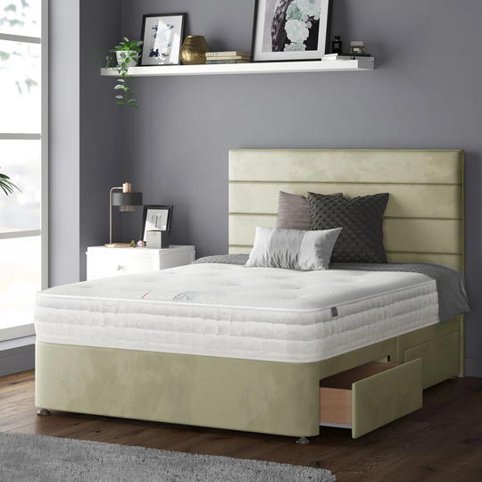 Kiara Stripped Floor Standing Headboard With Divan Base 2 Drawers At Footend Plush Velvet Silver With And Metal Feet (Kingsize)