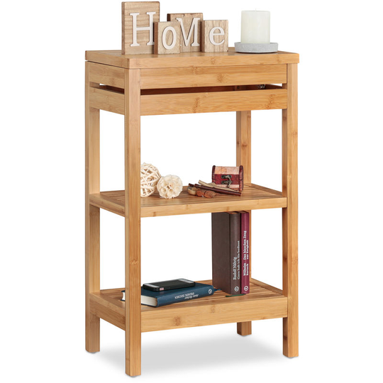 Bamboo Bathroom Shelf, 3-Tier Standing Rack, Lidded Compartment, Open, hwd 76.5 x 46 x 29.5 cm, Natural - Relaxdays