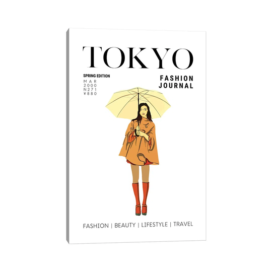 Tokyo Japanese Fashion Magazine Cover With Girl Holding Umbrella by Design Harvest - Wrapped Canvas Advertisement