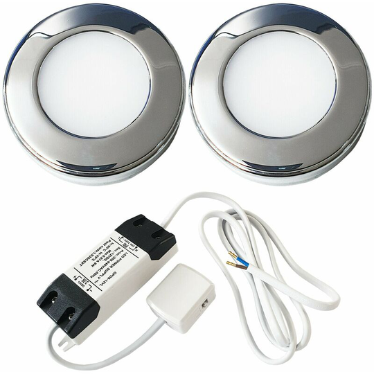 2x chrome Round Surface or Flush Under Cabinet Kitchen Light & Driver Kit - Natural White led