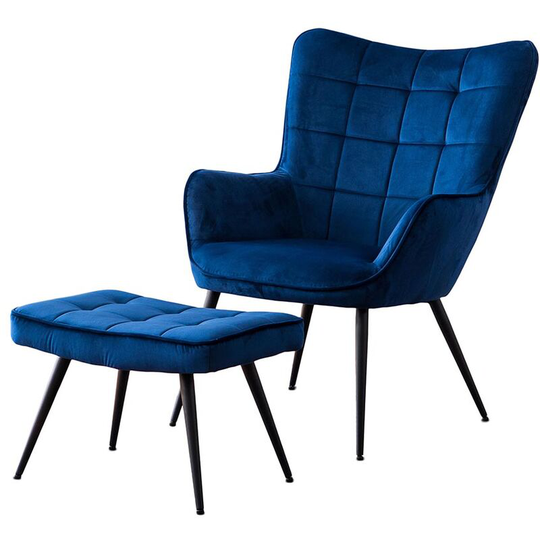 Vera Linen / Velvet Occasional Lounge Living Room Accent Chair Armchair Metal Legs Blue Velvet with Footstool - Blue with Footstool