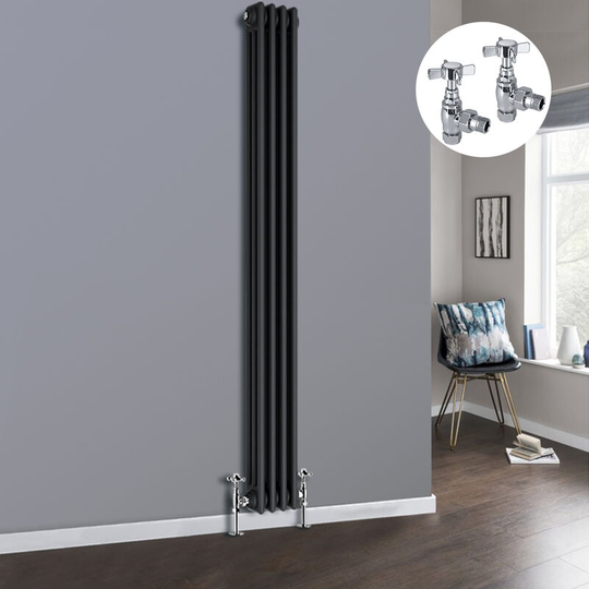 Anthracite 3 Column Traditional Cast Iron Style Radiator with Chrome Angled Cross Head Manual Valves Vertical 1800x202mm