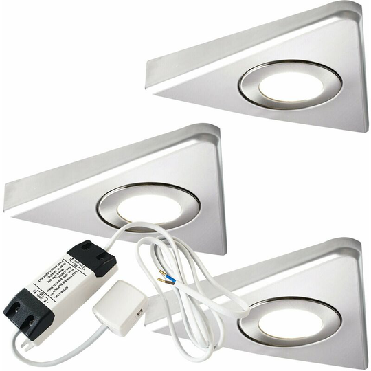 3x brushed nickel Triangle Surface Under Cabinet Kitchen Light & Driver Kit - Warm White led