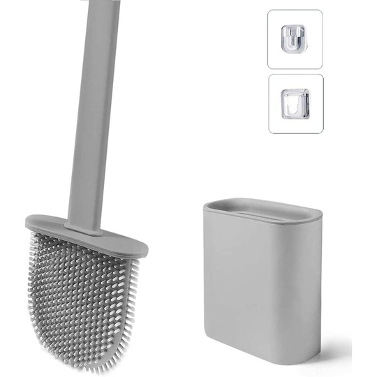 Toilet Brush with Holder, Flexible Silicone Toilet Brush, Quick Dry Toilet Brush and Container for Bathroom with Wall Mount, Gray