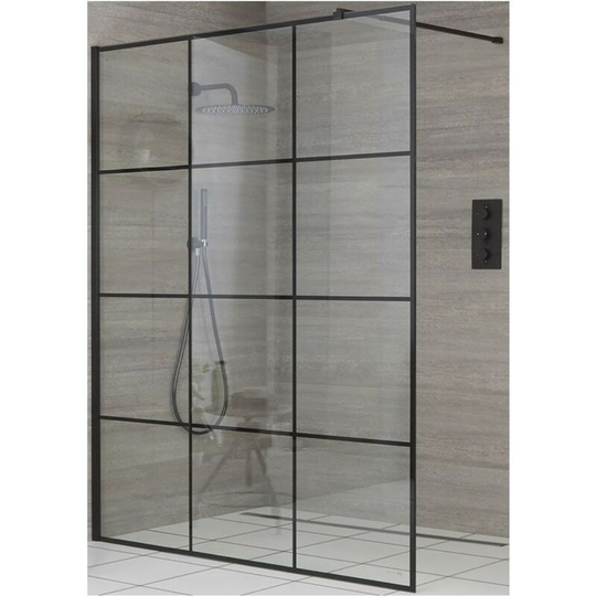 Barq - 700mm Recessed Walk In Wet Room Shower Enclosure with Grid Pattern Screen, Support Arm and 600mm Stainless Steel Tile Insert Drain - Black