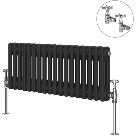 Traditional Rad Cast Iron Style Radiator Black + Chrome Angled Traditional Radiator Manual Valves 300x830mm Horizontal Double Column
